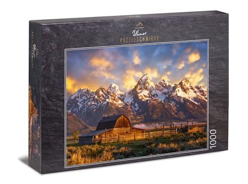 Ulmer Puzzleschmiede - Puzzle USA „Grand Teton National Park“ - Klassisches 1000 Teile Puzzle mit berühmtem USA-Motiv - Die alte Moulton-Scheune vor den Gipfeln der Teton-Berge in den Rocky Mountains von Ulmer Puzzleschmiede