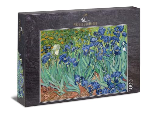Ulmer Puzzleschmiede - Puzzle Vincent Van Gogh, Iris - Klassisches 1000 Teile Puzzle - Kunst und Gemälde - Puzzlemotiv der Schwertlilien vor bunter Blumenwiese (Van Gogh, Saint-Rémy, 1889) von Ulmer Puzzleschmiede