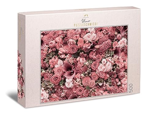 Ulmer Puzzleschmiede - Rosen-Puzzle „Rouge“ – Klassisches 500 Teile Blumen-und -Blüten-Puzzle ganz in rot – das Puzzlemotiv für alle, die rote Rosen lieben und schwierige Puzzles Nicht scheuen von Ulmer Puzzleschmiede