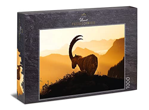 Ulmer Puzzleschmiede - Tier-Puzzle „Alpenkönig“ - Klassisches 1000 Teile Puzzle Made in Germany - der kraftvolle Steinbock auf dem Berg im Sonnenuntergang - beeindruckendes Tierpuzzle aus den Alpen von Ulmer Puzzleschmiede