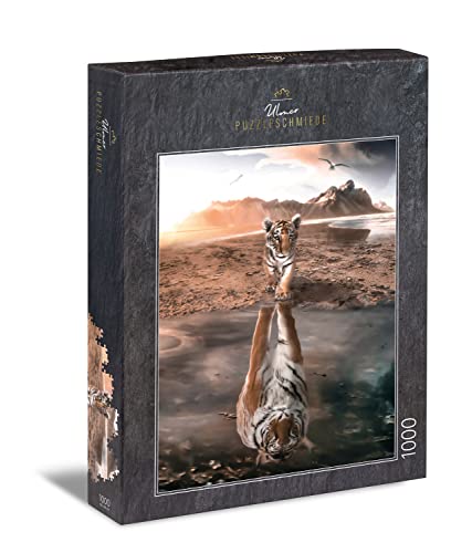 Ulmer Puzzleschmiede - Tiger-Puzzle „Große Zukunft“ - Klassisches 1000 Teile Puzzle, Made in Germany, mit poetischem Tier-Motiv – Mit Geduld und Kraft Wird das Tigerbaby zum König der Tiere von Ulmer Puzzleschmiede