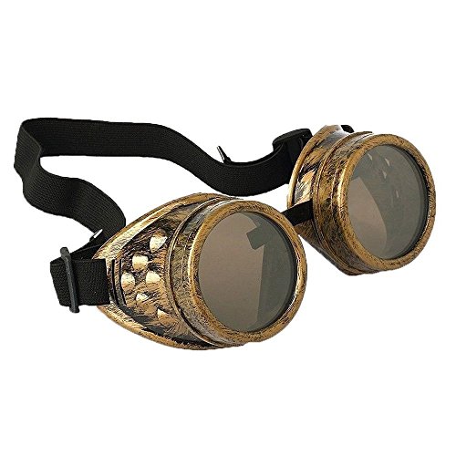 Ultra Gold mit Braunen Gläsern, Steampunk-Brille Rivet, Herren Damen Cyber-Brille Viktorianischer Punk, Schweißen Cosplay Goth Rustikal Runde Brille Fliegende Brille Kostüm Pilotenbrille von UltraByEasyPeasyStore