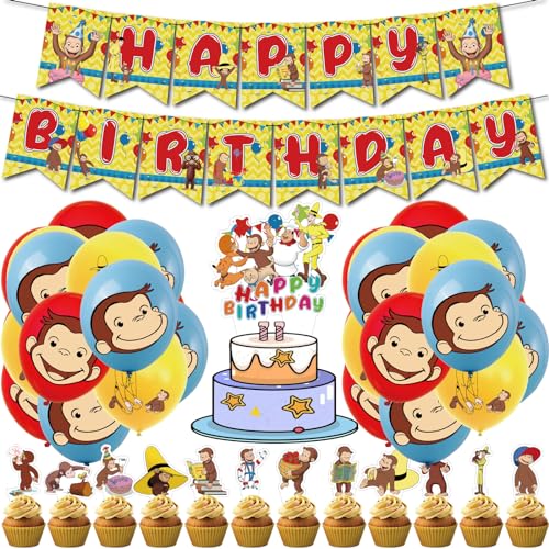 Curious Monkey Neugieriger Affe Geburtstagsparty Dekoration Ballon Set für Jungen Kinder Mädchen, mit Banner und Kuchen Topper von Umbrean