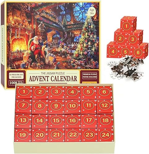 Umikk Adventskalender 2023 Jigsaw Puzzles, 1008 Teile Puzzles-67 x 28.8 cm Adventskalender Puzzle Für Kinder, Weihnachtsmann Weihnachts Jigsaw Puzzle, Weihnachtskalender 24 Boxen Puzzles von Umikk