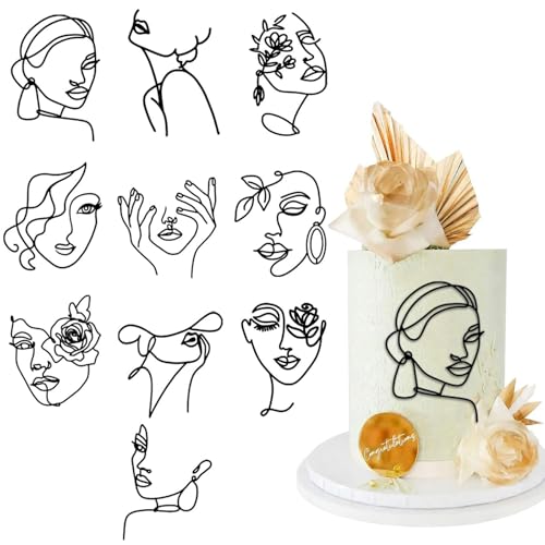 10 Stück Acryl-Kuchenaufsätze, einfache Geburtstagskuchendekorationen, Damen, Boho-Kuchenaufsätze, Acryl, minimalistische Kunstlinie, Damengesicht, Kuchendekorationen (schwarz) von Umimiss