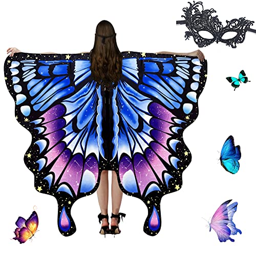 Umllpet Damen Schmetterling Kostüm Umhang, Schmetterlingsflügel Karnevalskostüme mit Gesichtsbedeckungen, Schmetterling Flügel Kostüm Schal Poncho für Fasching Party Cosplay Karneval - Blaues Pulver von Umllpet