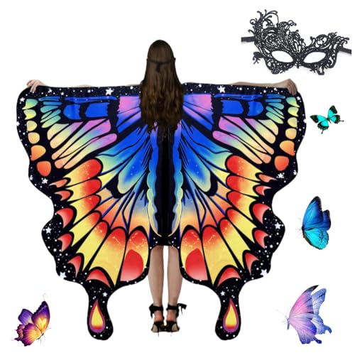 Umllpet Damen Schmetterling Kostüm Umhang, Schmetterlingsflügel Karnevalskostüme mit Gesichtsbedeckungen, Schmetterling Flügel Kostüm Schal Poncho für Fasching Party Cosplay Karneval - Bunt von Umllpet