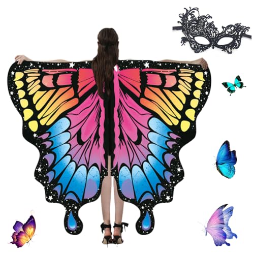 Umllpet Damen Schmetterling Kostüm Umhang, Schmetterlingsflügel Karnevalskostüme mit Gesichtsbedeckungen, Schmetterling Flügel Kostüm Schal Poncho für Fasching Party Cosplay Karneval - Rose Blau von Umllpet