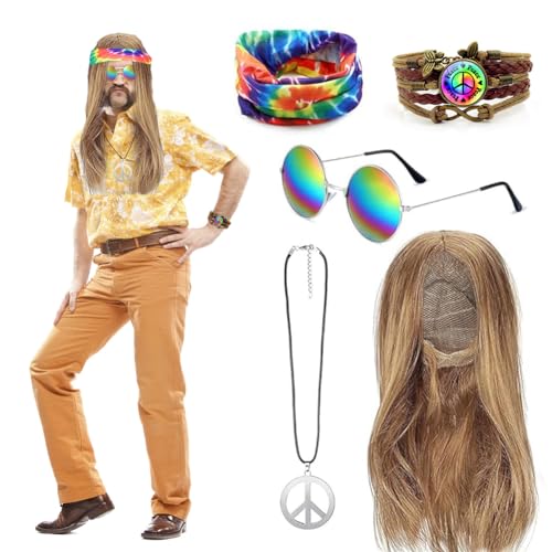 Umllpet Hippie Perücke Kostüm Set, Hippie Accessoires Friedenszeichen Halskette Sonnenbrille Hippie Stirnband Armband Hippie Dress Up Zubehör 60er 70er Themenparty Fasching Karneval Mottoparty Umllpet Hippie Perücke Kostüm Set, Hippie Accessoires Friedenszeichen Halskette Sonnenbrille Hippie Stirnband Armband Hippie Dress Up Zubehör 60er 70er Themenparty Fasching Karneval Mottoparty von Umllpet