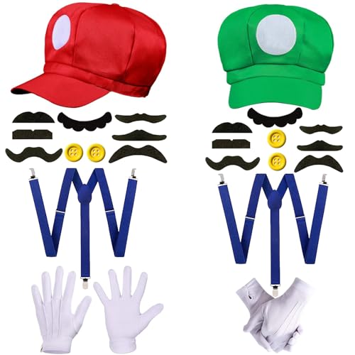 Umllpet Super Bros Kostüm, Luigi Kostüm Accessories mit Kappen Schnurrbärte Handschuhe Knöpfe Hosenträger für Kinder Damen Herren Cosplay Karneval Geburtstagsfeier Zubehörsets von Umllpet