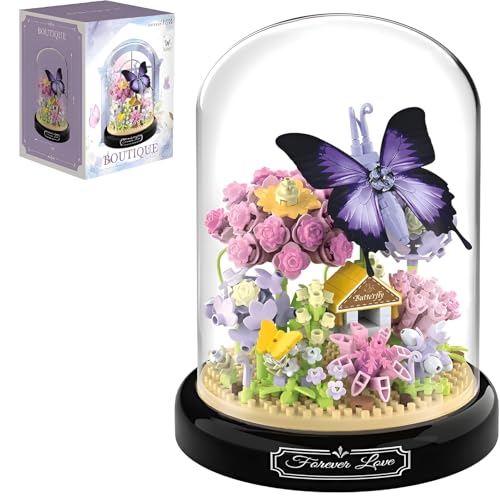 Blumen Bausteine Set, 582 Teile Schmetterlings Blumenstrauß Micro Mini Baustein, Künstliche Blumenstrauß Insekten Pflanzen Mit Staubdichte Kuppel Und Sockel, Heimdekoration, Ideen Geschenk von Unativer