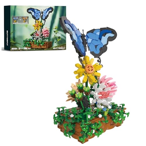Schmetterling Blumenstrauß Baustein Set, 686 Teile Blumen Insekten Bauspielzeug Sets, Bausteinmodell der Eternal Flower-Serie mit Sockel, Mikro Blumen Bausteine, Geschenk für Kinder Erwachsene von Unativer