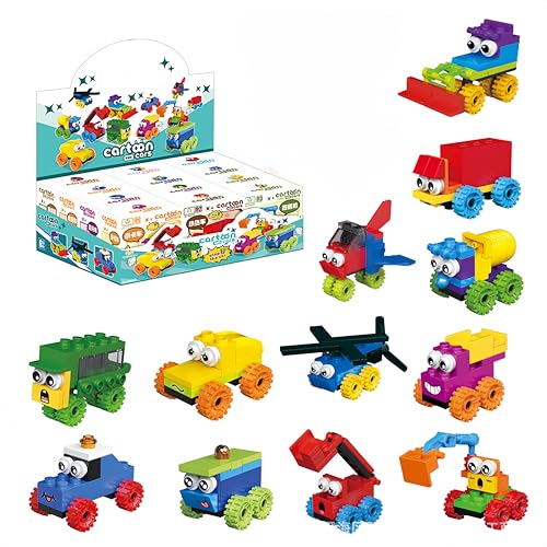 Unativer 12-in-1 Cartoon Auto Bausteine Bausatz, 228 Teile 12er Pack Fahrzeugmodell Spielzeug, Partygeschenke Klassenzimmerpreise, Mitgebsel für Kindergeburtstag, Weihnachten & Valentinstag von Unativer
