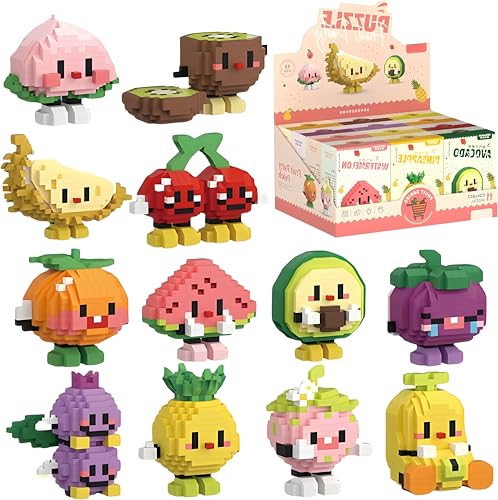 Unativer 12-in-1 Sommerfrüchte Bausteine Bausatz, Mini Bausteinen Pfirsich Traube Wassermelone Kirsche Ananas Buntes, Partymotiv Lehrreiches Modellspielzeug Kreatives Geschenk für Kinder ab 6 Jahren von Unativer