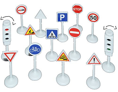 alles-meine.de GmbH 14 TLG. Set Verkehrszeichen - mit funktionierender Ampel - 1/64-6,8 cm groß - für Kinder/auch zum Lernen - für Auto Fahrzeuge - Verkehrsschilder Verkehrss.. von alles-meine.de GmbH
