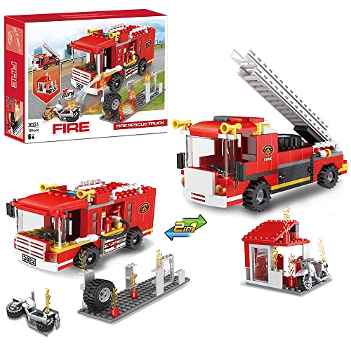 2 in 1 City Feuerwehrauto Bausteine Feuerwehr Konstruktionsspielzeug mit Feuerwehrmann Feuerwehr Spielzeug Geschenk Lernspielzeug für Jungen und Mädchen 6-12 Jahren 184 Stück von COGO