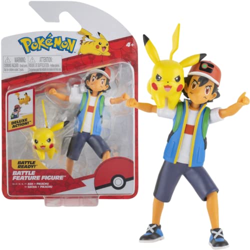 Pokémon PKW2473 - Battle Feature Figure - Ash & Pikachu, offizielle bewegliche Figuren, 11,5 cm Ash und 5 cm Pikachu von Pokémon