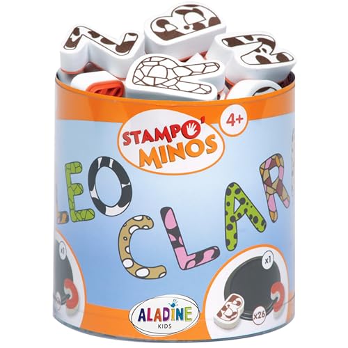 Aladine 85111 Stempelset Minos Buchstaben Alphabet, inkl. 26 Stempel und 1 Stempelkissen, kreativer Stempelspaß für Kinder ab 3 Jahren, Large von Aladine