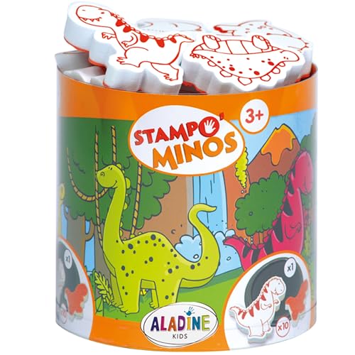Aladine 3085123 Stempelset Minos Dino, inkl. 10 Stempel und 1 Stempelkissen, kreativer Stempelspaß für Kinder ab 3 Jahren, Large von Aladine