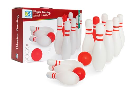 BS Toys Holz-Bowling - Kegelspiel für Kinder & Erwachsene - Für Indoor & Outdoor - Ab 4 Jahren - Gesellschaftsspiele - ideal für Kindergeburtstag - Hochwertiges Holz - Rot/Weißes Set von BS Toys