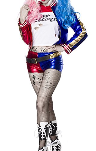 Damen Harlekin Fantasy Kostüm Joker Verkleidung aus Longsleeve, Jacke, Hotpants und Strumpfhose in weiß blau rot Kunstleder Wetlook S von Unbekannt