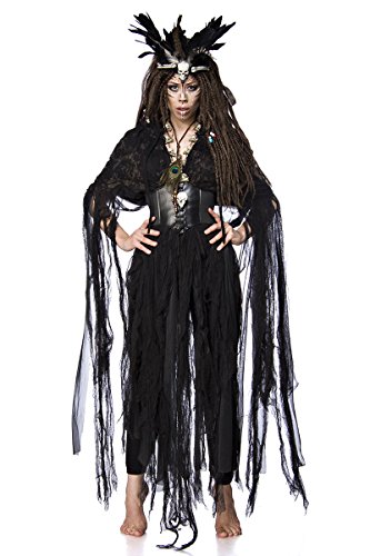 Damen Voodoo Priesterin Fantasy Kostüm Hexen Verkleidung aus Fetzencape, Leggings, Krone und Totenkopfkette Gürtel in schwarz Federkrone von Unbekannt