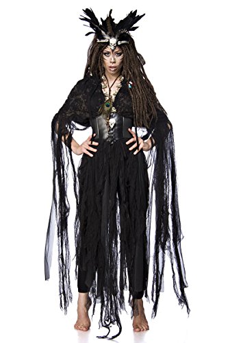Damen Voodoo Priesterin Fantasy Kostüm Hexen Verkleidung aus Fetzencape, Leggings, Krone und Totenkopfkette Gürtel in schwarz Federkrone Damen Voodoo Priesterin Fantasy Kostüm Hexen Verkleidung aus Fetzencape, Leggings, Krone und Totenkopfkette Gürtel in schwarz Federkrone von unbekannt