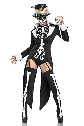 Damen Voodoo Priesterin Fantasy Kostüm Skelett Verkleidung aus Frack, Body, Zylinder und Strümpfe Zepter in weiß schwarz Totenkopf Knochen M von Unbekannt