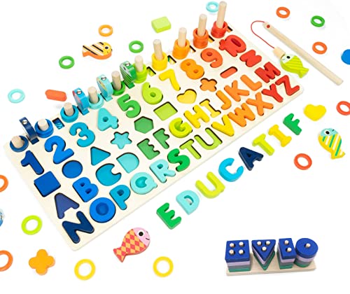 DYPLOO Montessori Holz-Puzzle-Spielzeug – Lernspiel Mathematik für Kinder Baby 1 2 3 4 5 6 Jahre – Zahlen und Buchstaben des Alphabets lernen, Formen und Farben erkennen – Geschenk von DYPLOO
