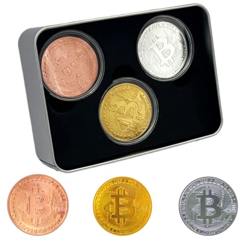 Everneedo - Physische Bitcoin Münzen 3er Set [Gold/Kupfer/Silber] inkl. edler Box - BTC Crypto Sammlermünzen in Metallschatulle mit Münzkapseln von Unbekannt