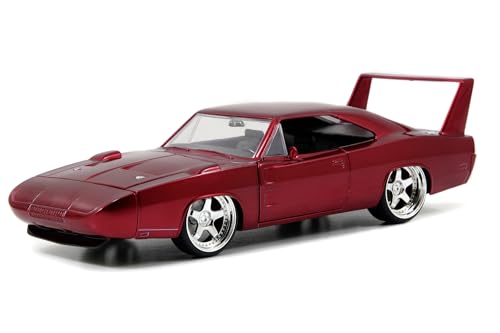 Jada Toys Fast & Furious Dom's 1969 Dodge Charger Daytona, Auto, Tuning-Modell im Maßstab 1:24, mit Spoiler, zu öffnende Türen, Motorhaube und Kofferraum, Freilauf, rot metallic von Jada Toys