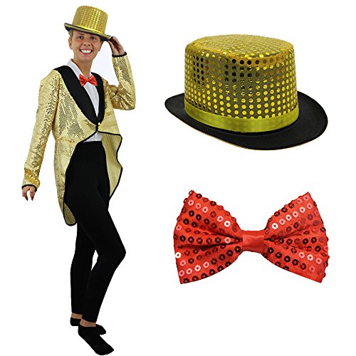 Goldener Pailletten-Schneider, rote Pailletten-Fliege und goldfarbener Pailletten-Top-Hut, perfekt für Bühnenshow, Film, TV, Halloween-Kostüm, Kostüm, Größe XL Goldener Pailletten-Schneider, rote Pailletten-Fliege und goldfarbener Pailletten-Top-Hut, perfekt für Bühnenshow, Film, TV, Halloween-Kostüm, Kostüm, Größe XL von Unbekannt