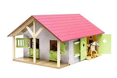 Kids Globe Farming Reiterhof rosa Bauernhof Pferdestall Holz 1:24 mit 2 Boxen, Spielzeug Pferdehof, mit praktischem Faltdach, für alle gängigen Tierfiguren 610168 von Kids Globe