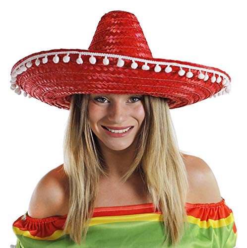 Mexikanischer roter Sombrero-Hut für Damen, mit Pompon-Rand, Junggesellinnenabschied Mexikanischer roter Sombrero-Hut für Damen, mit Pompon-Rand, Junggesellinnenabschied von Unbekannt