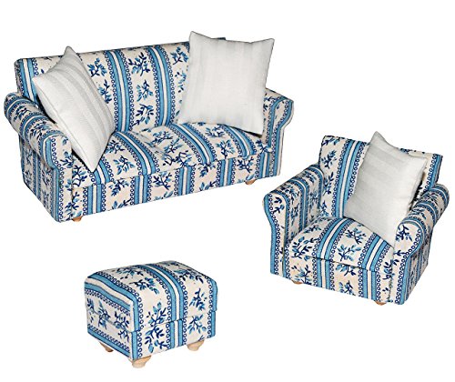 alles-meine.de GmbH 3 TLG. Set: Miniatur Wohnlandschaft/Sofa Couch + Sessel + Hocker mit Kissen - für Puppenstube Maßstab 1:12 - blau & weiß Gemustert - Puppenhaus Puppenhausmö.. von alles-meine.de GmbH