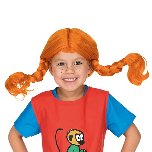 Pippi Langstrumpf Kinder Perücke - Original Lizenz - Fasching, Karneval, Halloween - Rote Haare, biegbare Zöpfe - Elastisch - 60 cm Kopfumfang - 3-6 Jahre von Pippi Langstrumpf