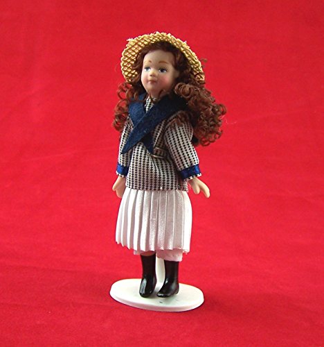 Puppe 'Mädchen im Marine-Kleid' aus Porzellan, für 1:12 Puppenhaus, 11 cm. von Unbekannt