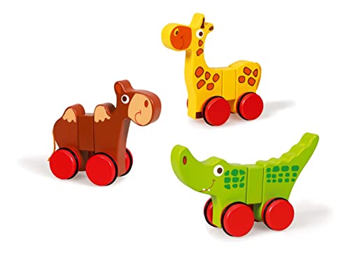 SCRATCH 6181032 Animals Holztier-Set, 3 Magnettiere auf Rädern, Holzfiguren, Zootiere, Spielfiguren für Kinder ab 18 Monaten von Scratch Europe