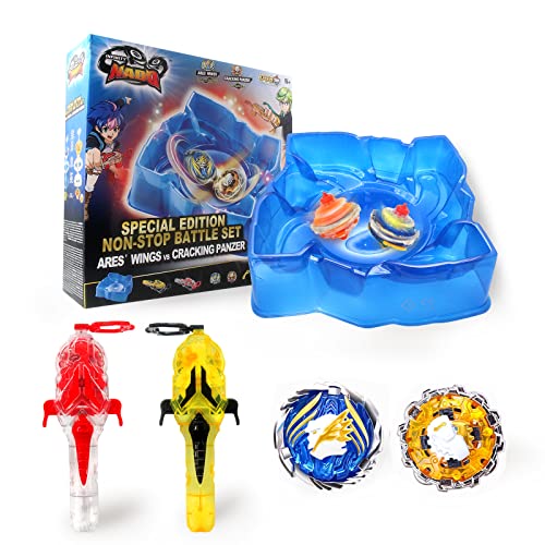 INFINITY NADO Non Stop Battle Arene Set, Packung mit 2 Tops von ARE'S Wings und Cracking Panzer, Kreisel für Kinder Metall Spielzeug Jungen, Kreisel Launcher, Spinning Tops Jungen ab 5 Jahr von Infinity Nado