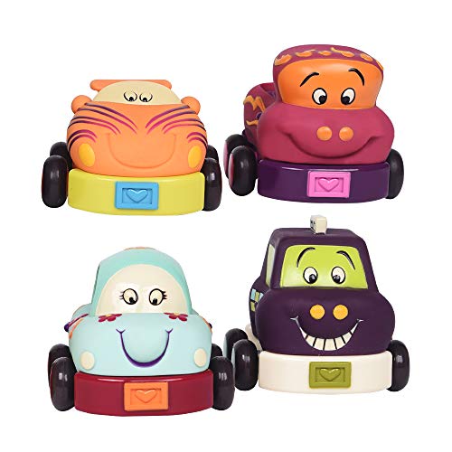 B. Baby – Auto Spielzeug Rückziehautos – 4 Spielzeugautos mit Geräuschen – Auto, Taxi, Rennautos, Pick-up-Truck – Aufziehautos mit Rückzug für Babys, Kinder – Spielzeug ab 1 Jahr von B. Toys