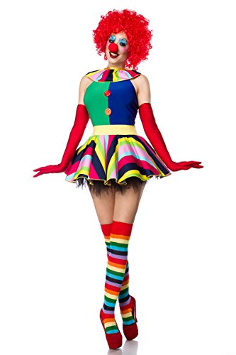 Unbekannt Damen Clown Outfit Kostüm Verkleidung mit Kleid, Perücke, Nase, Strümpfe und Handschuhe in bunt L Verkleidung von Unbekannt