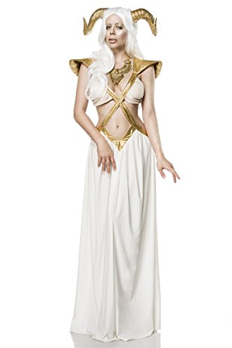 Unbekannt Damen bauchfreies Fantasy Kostüm Fee Verkleidung aus Kleid, Kette, Widderhörner und Bänder in weiß gold Storm Wetlook XL von Unbekannt