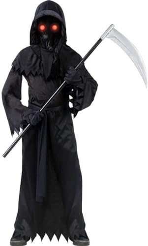 Funworld Sensenmann mit leuchtenden Augen - Gevatter Tod Halloween Kostüm für Kinder - schwarz (146/152) von Funworld