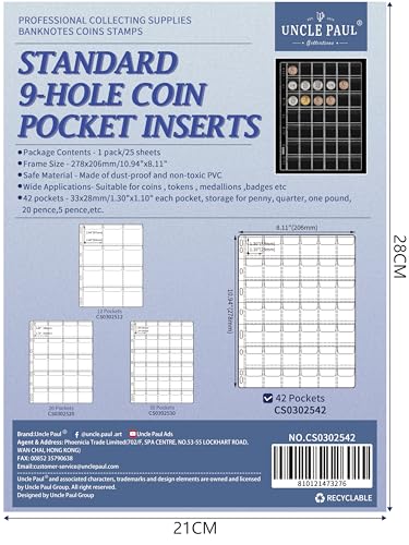 1050-Poket Münz-Sammelblätter für Binder – 25 Blatt, 42 Gittern/Blatt sauerfreies PVC, perfekt für UK 1 Pence, Euro 1 Cent, US Penny CS0302542 von Uncle Paul