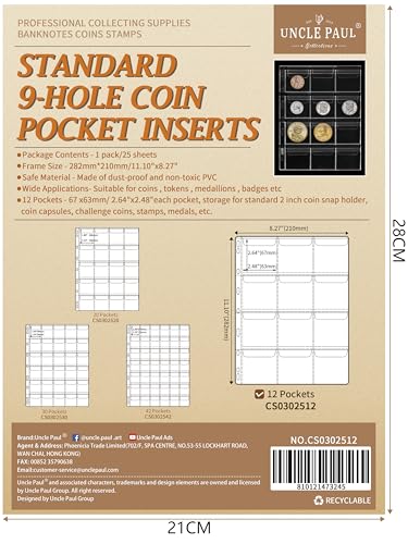 Uncle Paul 300-Poket Münz-Sammelblätter für Binder – 25 Blatt, 12 Gittern/Blatt sauerfreies PVC, passt zu UK Krone, Euro 2-Euro-Münze, US-Silberdollar (Morgan, Peace, Eisenhower Typen) CS0302512 von Uncle Paul