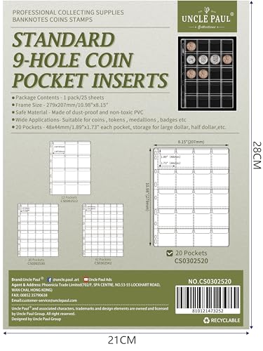 Uncle Paul 500-Poket Münz-Sammelblätter für Binder – 25 Blatt, 20 Gittern/Blatt sauerfreies PVC, ideal für UK 50 Pence, Euro 50 Cent, US Quarter CS0302520 von Uncle Paul
