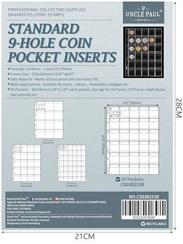 Uncle Paul 750-Poket Münz-Sammelblätter für Binder – 25 Blatt, 30 Gittern/Blatt sauerfreies PVC, geeignet für UK 20 Pence, Euro 20 Cent, US Nickel CS0302530 von Uncle Paul