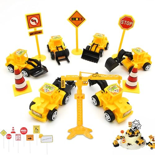Uncle yang Baustellen Tortendeko – 6 Stück Bagger & Fahrzeug-Deko mit Verkehrsschildern, Cake Topper für Kindergeburtstag Junge, Deko Set für Baustellen-Motto von Uncle Yang