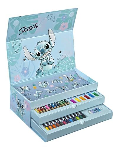 Undercover - Stitch Malkoffer 44-teilig – Kinder Kreativset mit 3 Fächern voller Malspaß – Wachsmaler Buntstifte Poster Sticker – für Kinder ab 3 Jahren von Undercover