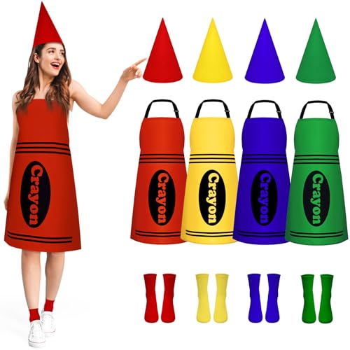 Uneedity 4-teiliges Set Buntstift-Kostüme für Erwachsene, Gruppen-Halloween-Kostüme für Erwachsene, Farbstift-Schürze, Kegelhüte und Socken, 4 Stück lustige Halloween-Kostüme für Erwachsene von Uneedity